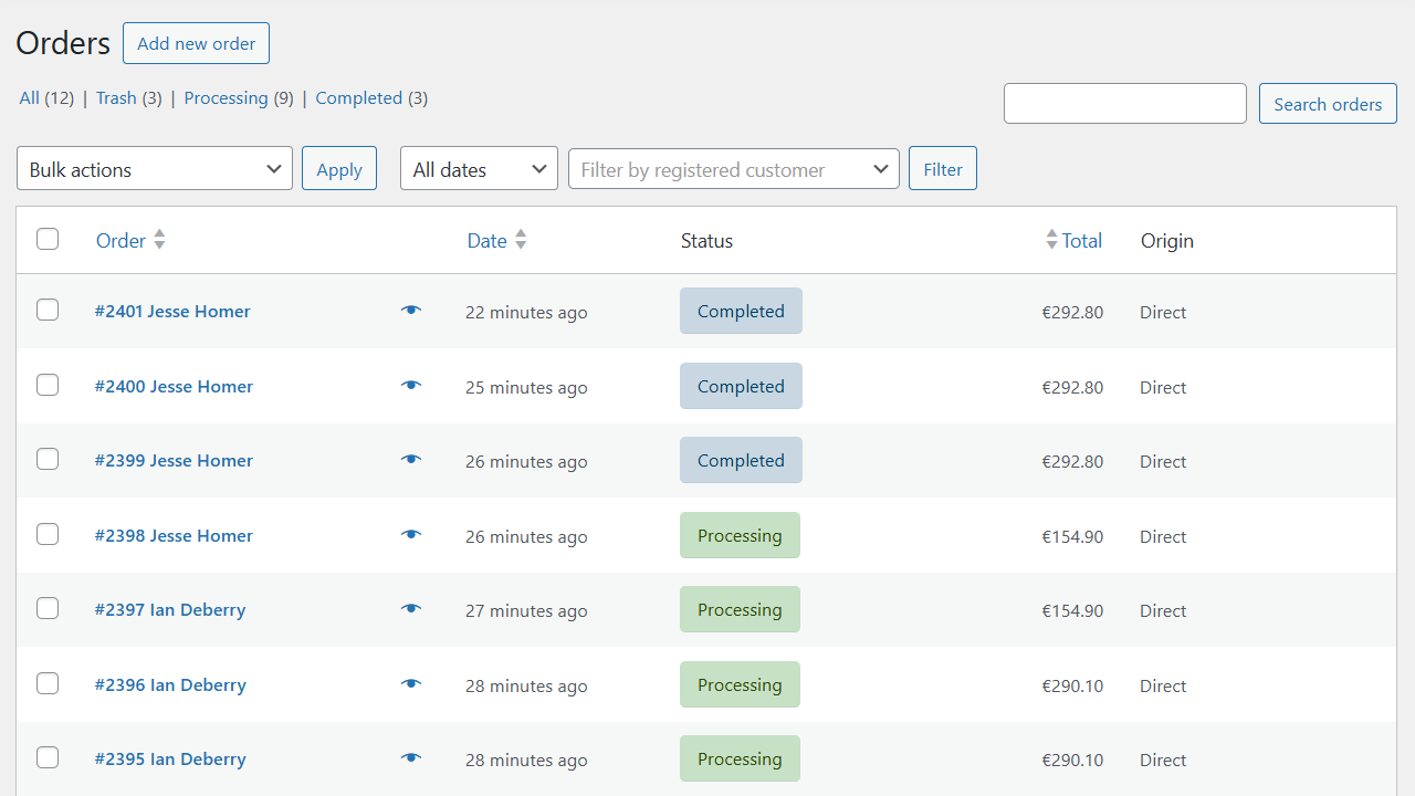 WooCommerce store orders screen